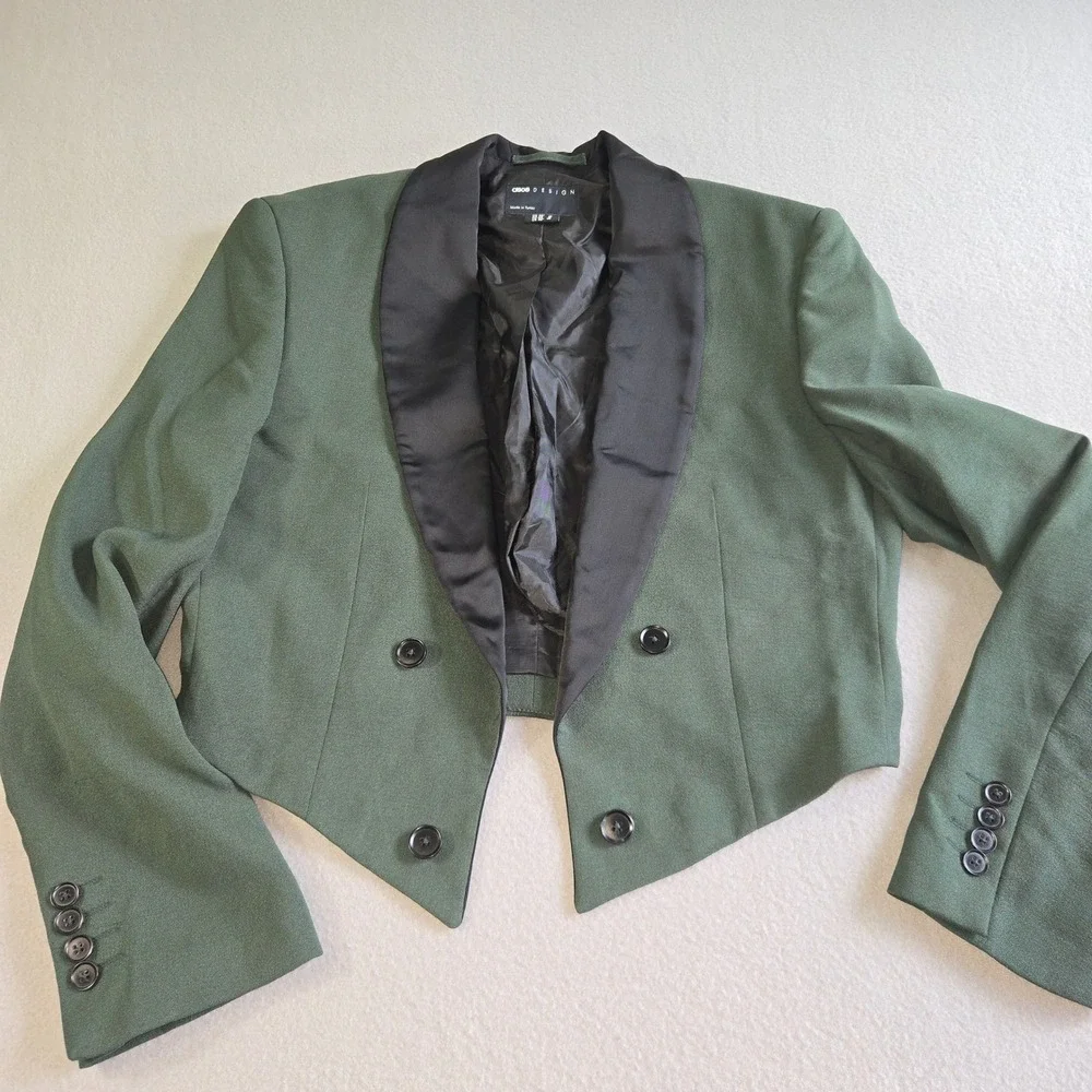 ASOS DESIGN Cropped Tuxedo Blazer Mens 38 Green Black Shawl Lapel Formal Jacket